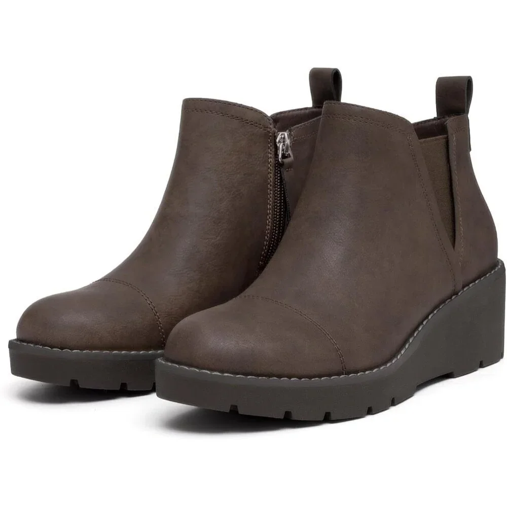 Women's Dark Brown Wedge Chelsea Boots Lug Sole Platform Ankle Booties Zipper